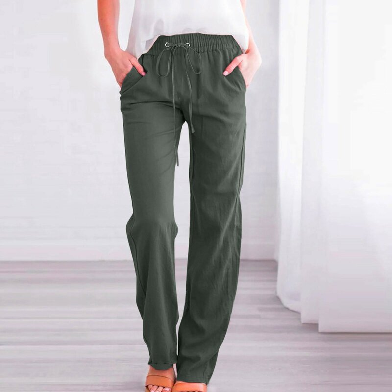 Women Cotton Linen Pants Solid Color Elastic Loose Drawstring Wide-Leg High Waist Trousers Female Stretch Straight Casual Pants