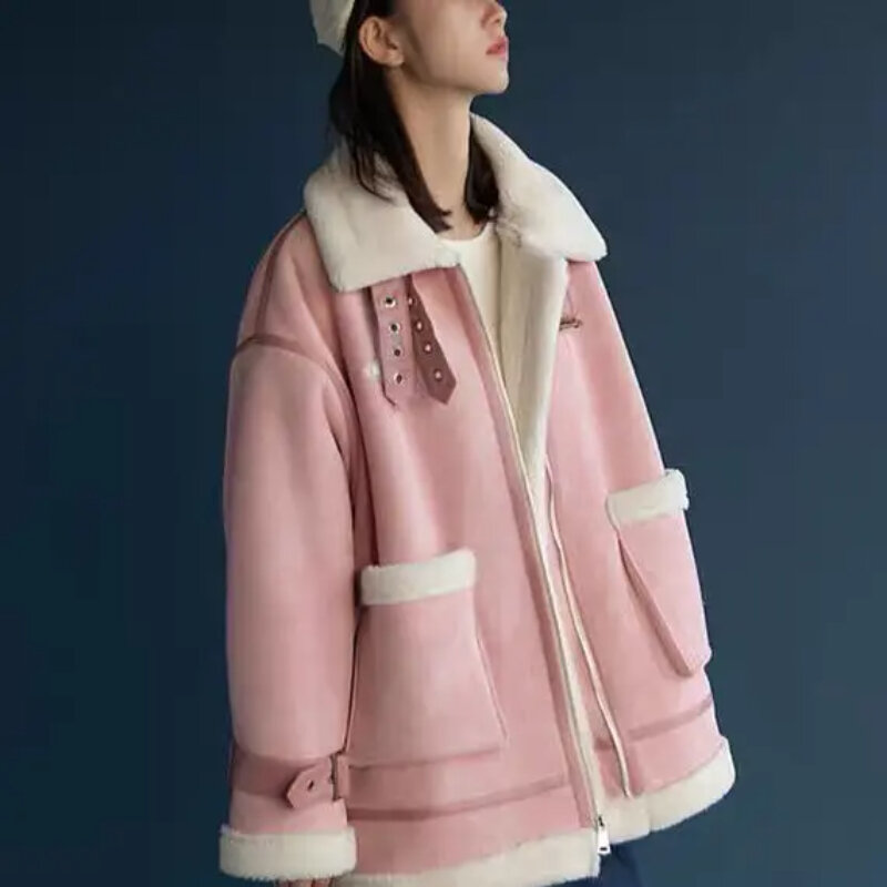 Jaqueta de lã de cordeiro feminina, jaqueta de algodão pelúcia, jaqueta de motocicleta solta e espessa, nova, 2022