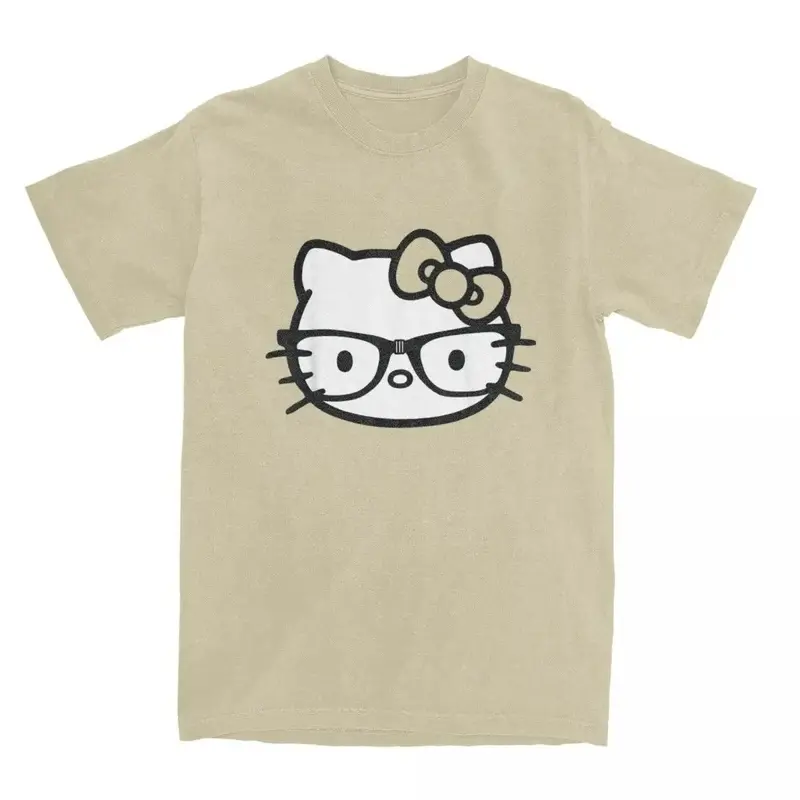 Hello Kitty camiseta de algodão puro para homens e mulheres, preto e branco, óculos nerd, impresso Crewneck Tees, tops de manga curta, camisas masculinas