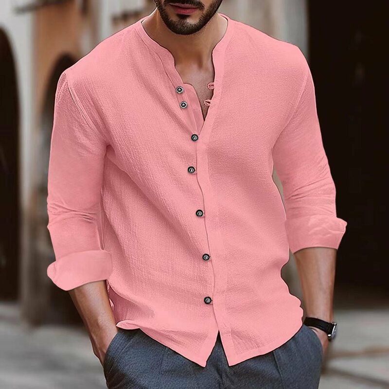 Camisa de lino y algodón para hombre, camisa holgada, cómoda, informal, cuello levantado, color sólido, novedad