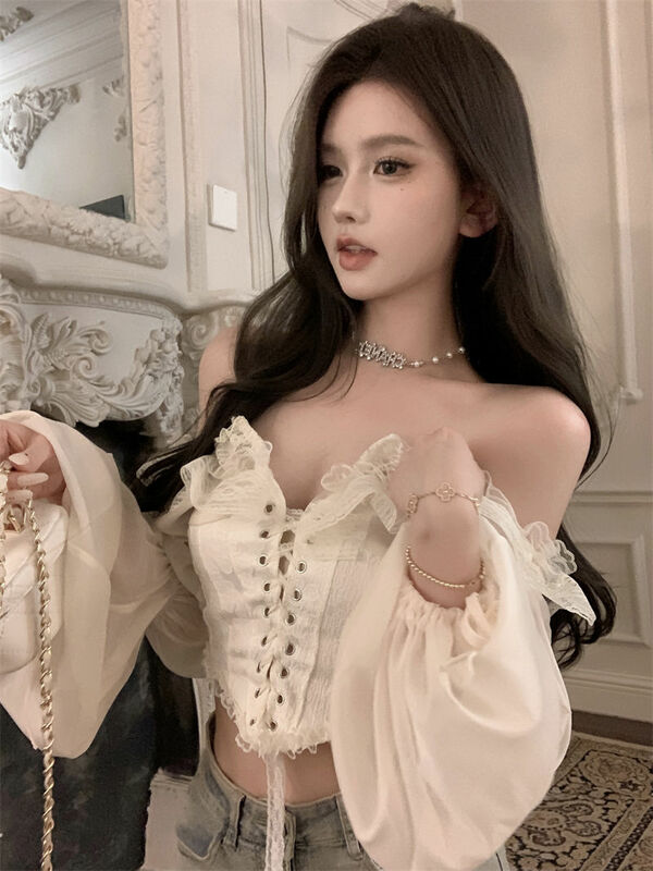 Sexy Elegant Lace Blouses Women Cropped Puff Sleeve Tunic Shirts Sweet Lace Shoulder Style Chiffon Shirts Korean Fashion