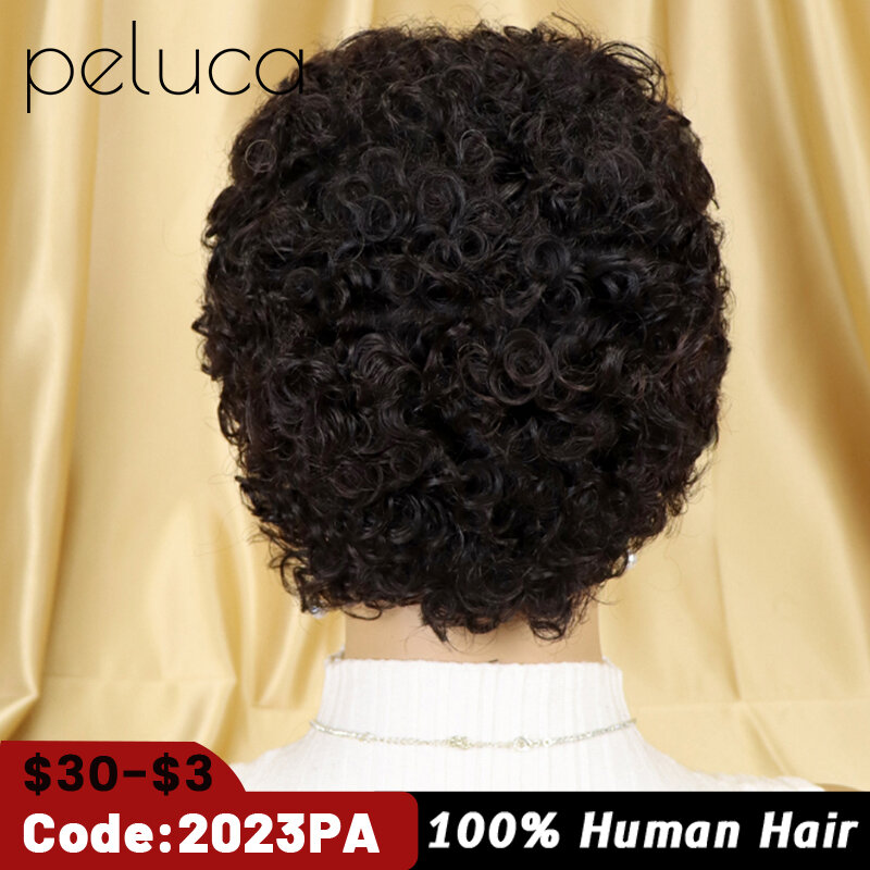 Peluca de cabello humano rizado Afro para mujer, pelo corto de 150% de densidad, corte Pixie, Remy, Marrón Borgoña