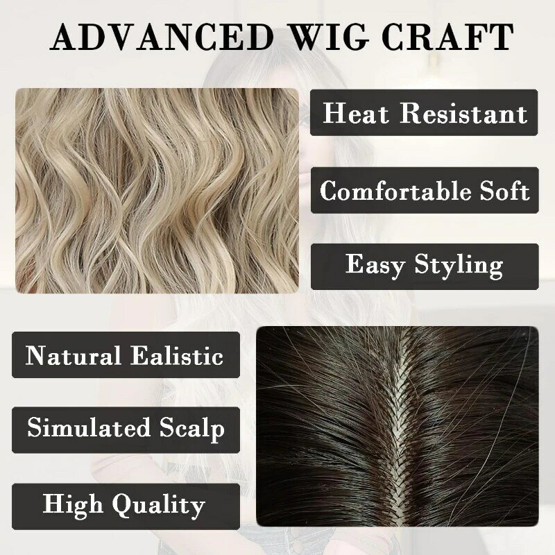 Peruca ondulada loira gradiente longo marrom, perucas encaracoladas sintéticas naturais das mulheres, fibra de cabelo resistente ao calor, adequado para cosplay diário