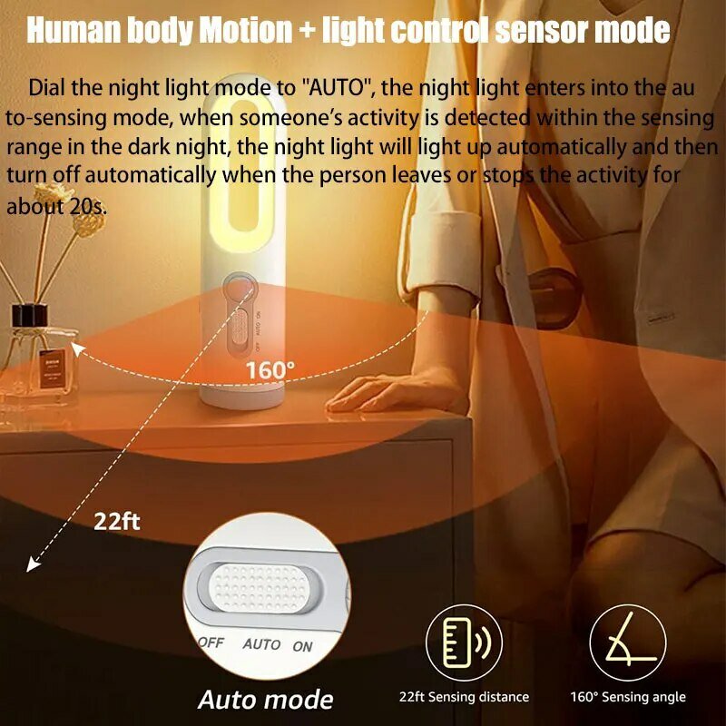 Linterna portátil 2 en 1 con Sensor de movimiento, luz nocturna para dormitorio, baño, lectura, Camping, alimentación de bebé, cuidado de los ojos