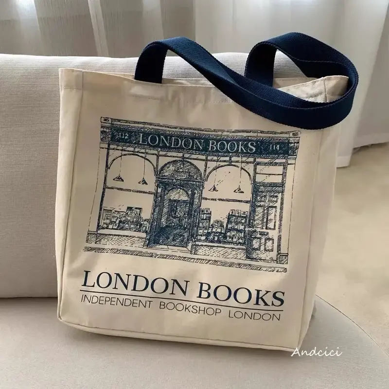 C01 Frauen Leinwand Umhängetasche London Bücher drucken Damen lässig Handtasche Einkaufstasche wieder verwendbar große Kapazität