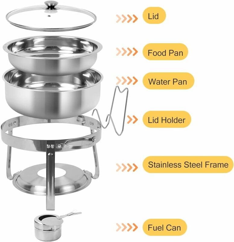 6 Packs Round Chafing Dish Buffet Set, 4 QT Stainless Steel Chafing Dishes with Glass Lid & Lid Holder