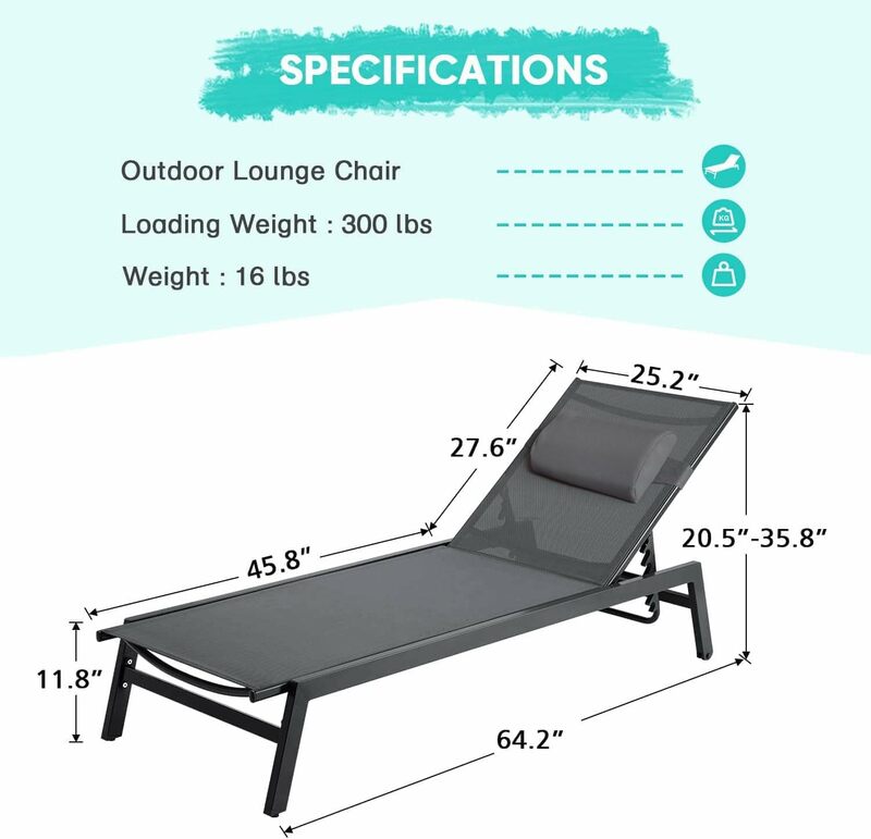 Outdoor Chaise Lounge Stoelen, All-Weather Ligstoelen Met 5-positie Verstelbare Rugleuning En Afneembare Kussens Voor Het Strand