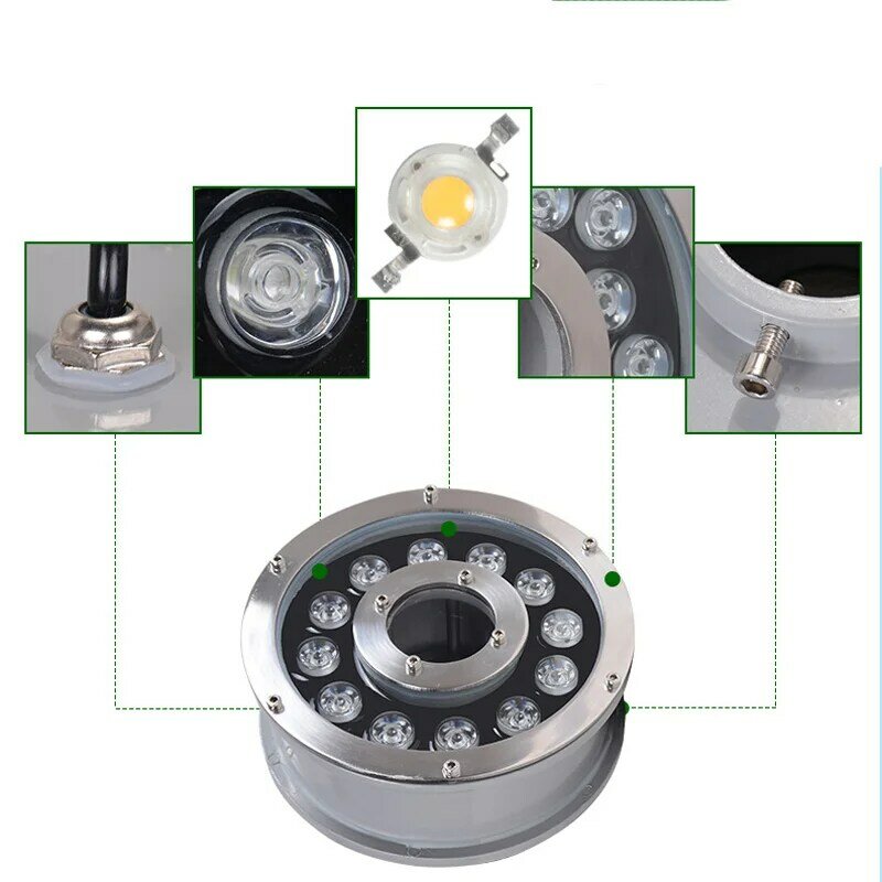 ضوء مسبح LED من الفولاذ المقاوم للصدأ ، أضواء تحت الماء ، ضوء النافورة ، طاقة عالية ، أبيض ، K ، IP68 ، 9W ، DC 12V ، DC 24V