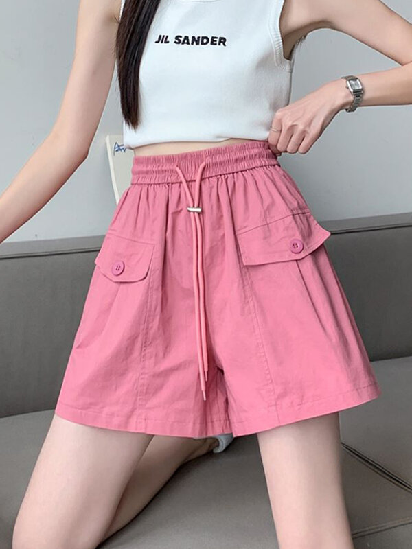 Pink Elastic Waist Women Shorts Summer Drawstring Thin Wide Leg Loose Shorts Casual Short Cargo Pants Female