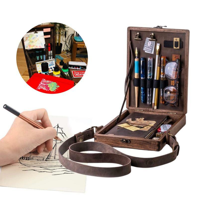 Writer Tool Box Writers in legno Messenger Box Storage Box penna dello scrittore ArtistBrush borsa a tracolla portatile decorativa retrò