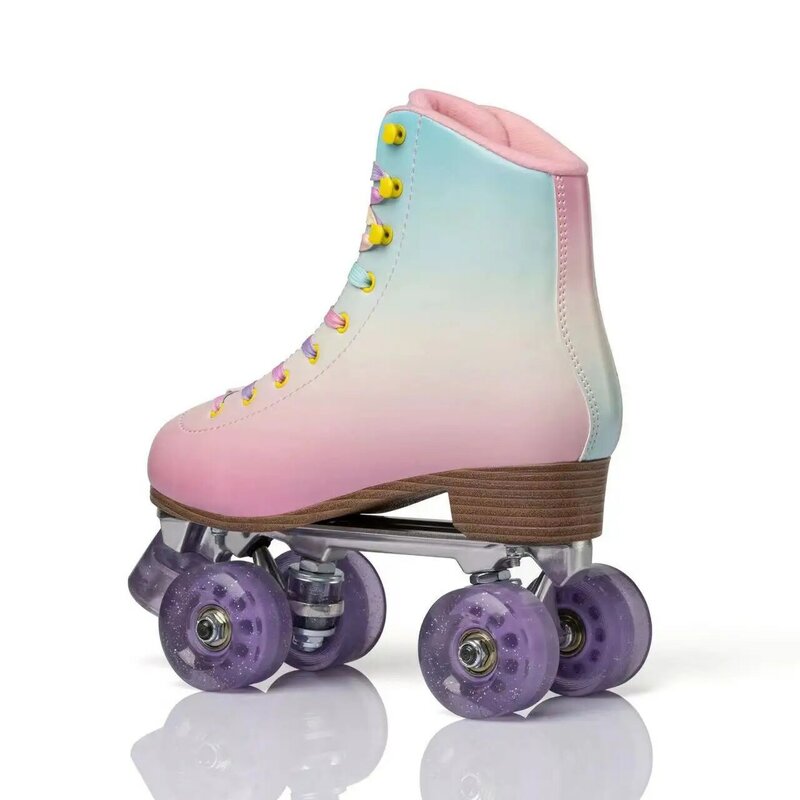 Sapatos de patins de camurça verde confortável, suporte de liga de alumínio, dupla linha transparente roxa, 4 rodas, patins de moda para adultos
