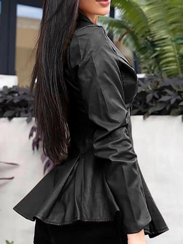 Kbq gespleißte Lederjacken mit Reiß verschluss für Frauen Revers Langarm falten solide geteilte dünne Streetwear Mäntel weiblichen Modestil