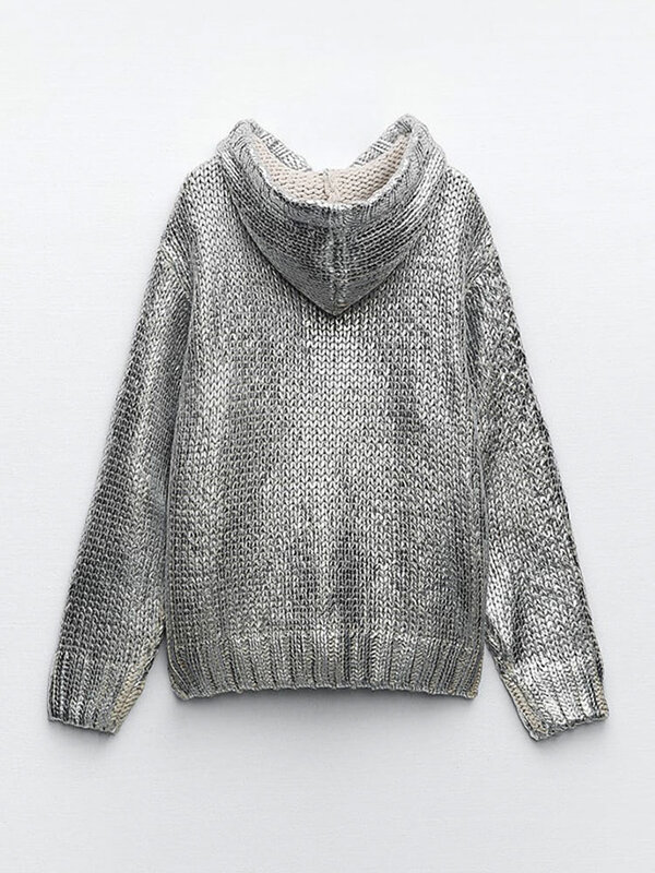 Sweater bertudung untuk wanita, atasan Pullover tali serut lengan panjang kasual, sweter bertudung Trim Foil logam cantik musim gugur 2023