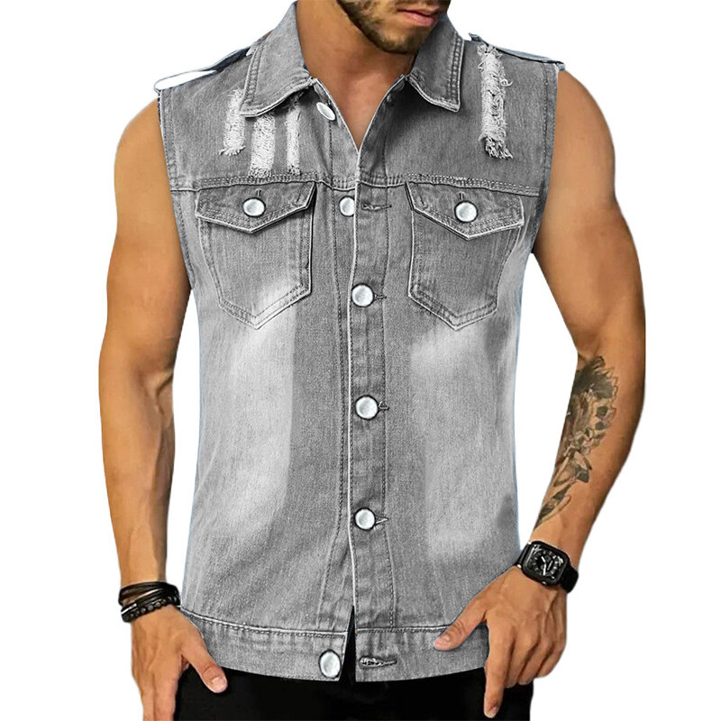 Chemise en jean déchiré à boutons vintage pour hommes, chemise en fibre de denim, col rabattu, précieux, mode d'été, hip hop, Y-Men