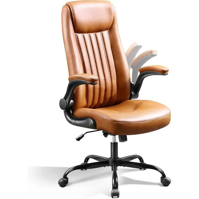 เก้าอี้สำนักงานสีน้ำตาลเก้าอี้ผ้าหนังนิ่มสำหรับผู้บริหารหมอนรองเอวและพนักพิงศีรษะหนา