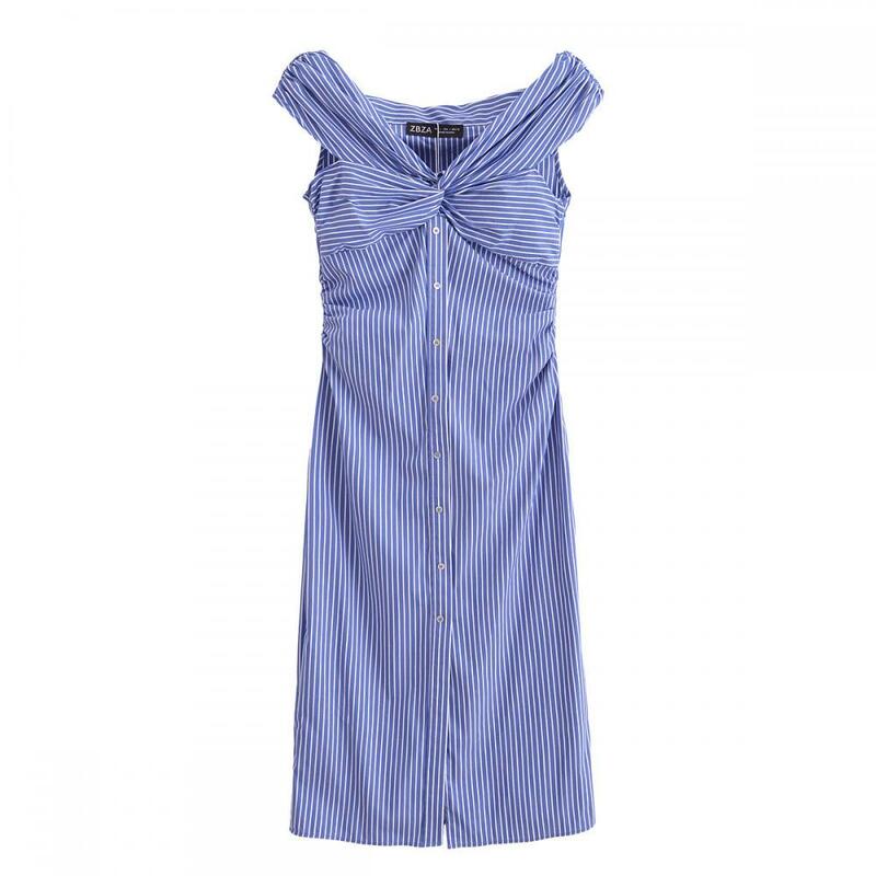 Sommer Streifen aus der Schulter langes Kleid lässig ärmellose einreihige Kleider V-Ausschnitt plissiert vielseitige Vestidos für Streetwear