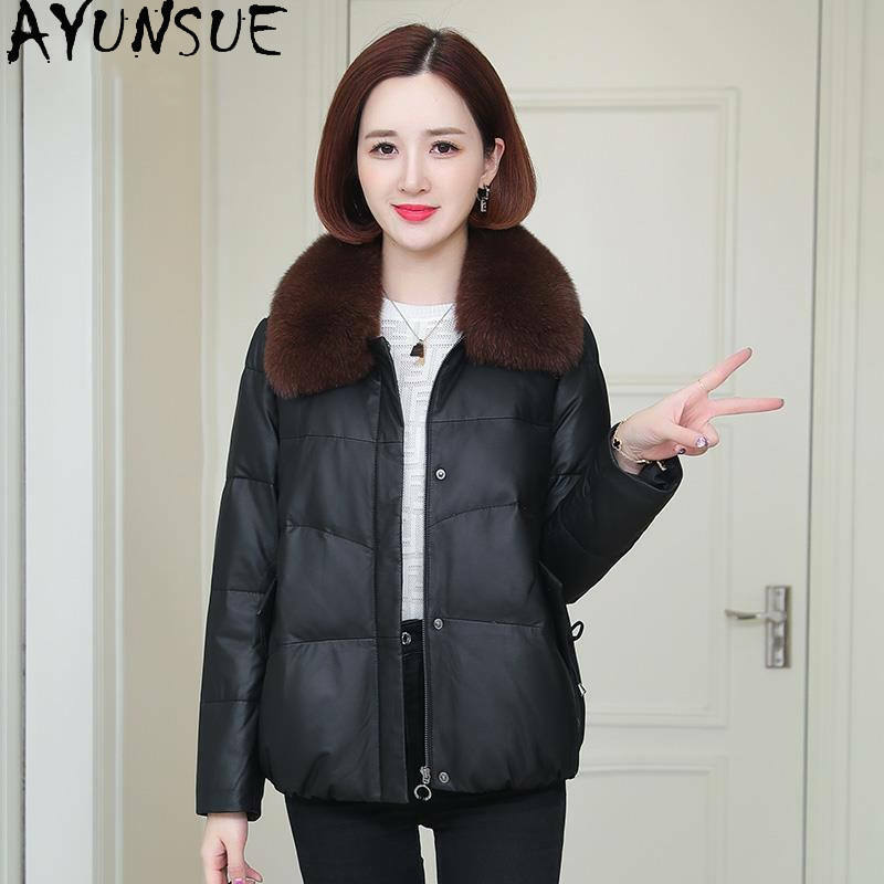 Ayunsue-女性用本革ジャケット,シープスキンコート,キツネの毛皮の襟,カジュアル,黒,冬用
