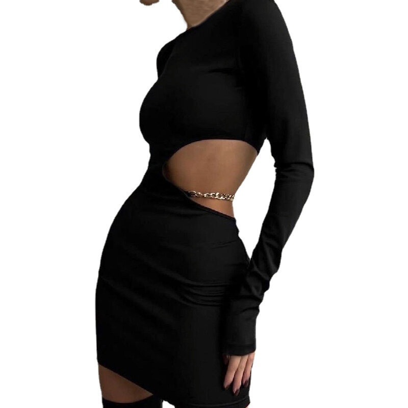 Vestido corto de manga larga con cadena de Metal para mujer, traje Sexy ajustado a la cintura, color negro, estilo Y2k, para fiesta y Club, 26822