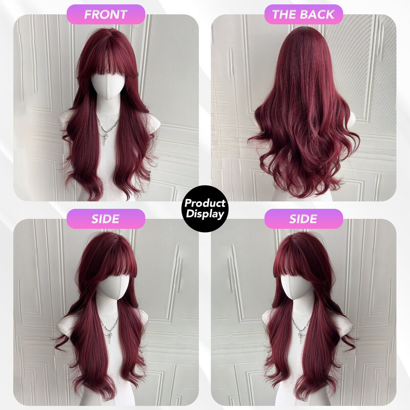 MEISU глубоко красный вьющиеся волнистые челки парик 26 дюймов синтетический парик термостойкие натуральные зеркальные или селфи для женщин золотые розовые коричневые