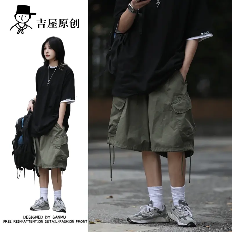 Pantalones cortos de algodón para mujer, shorts con cordón, informales, retro, japoneses, múltiples bolsillos, harajuku, y2k