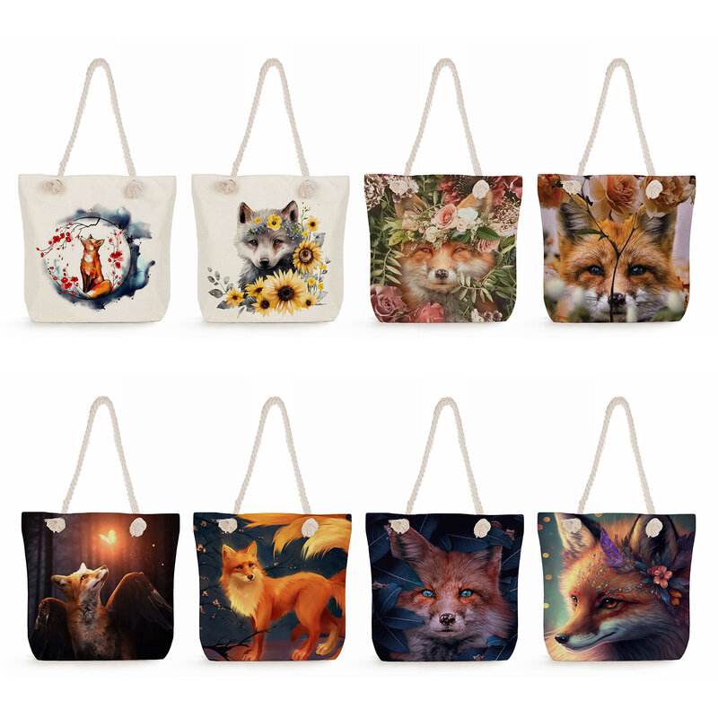 Thick Rope Women Shoulder Bag Tote Large Capacity High Quality Practical Casual Animation Fox Print Handbags Travel Shopping Bag