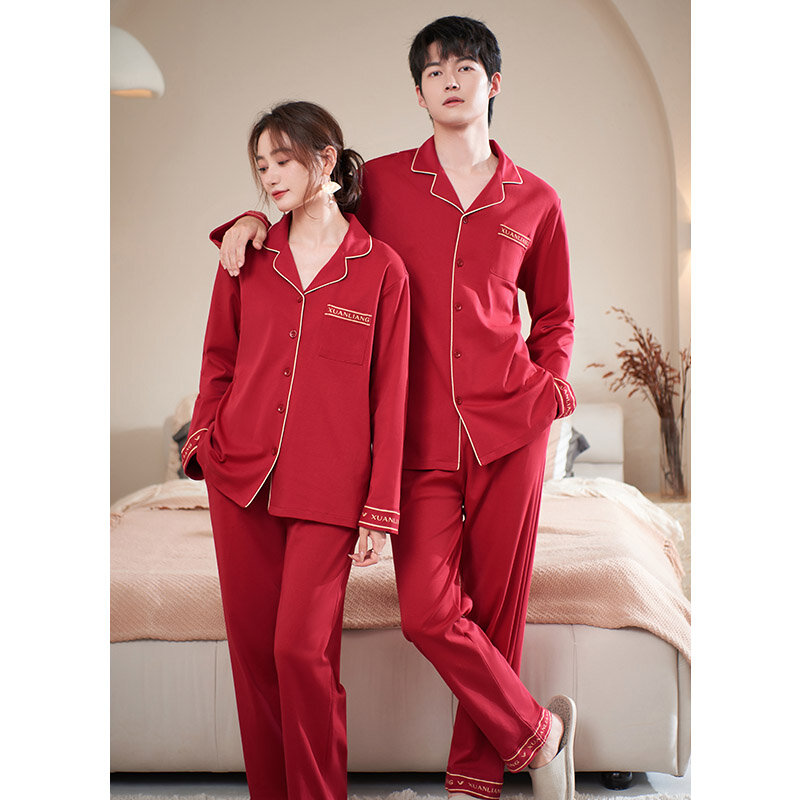Autumn Couple Pajamas Set Full Cotton Loose Pyjamas Women Men Long Sleeve Homewear Lovers Nightgowns Wedding Red Pajama Set