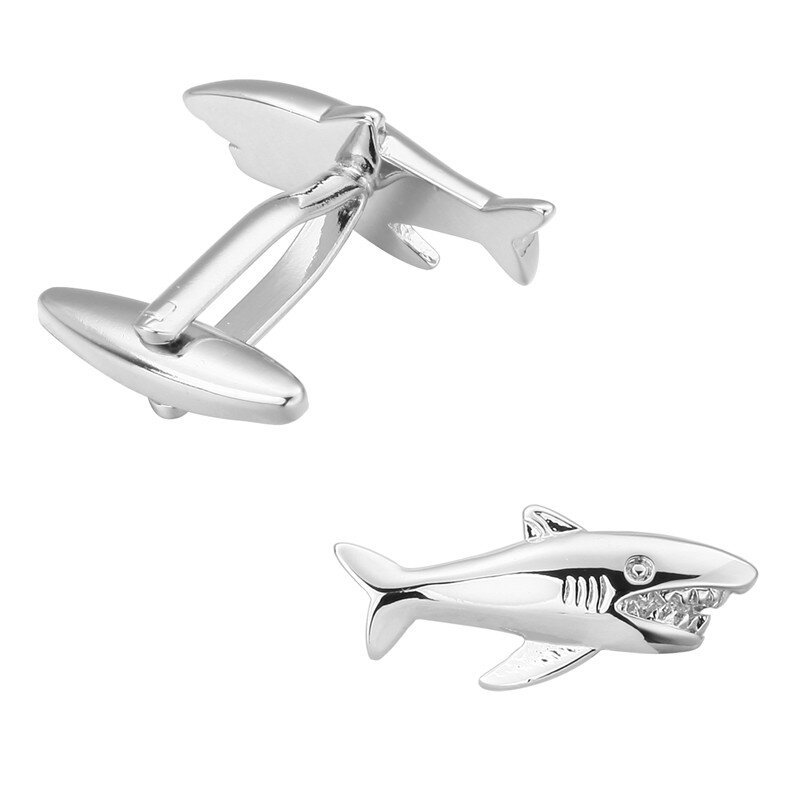 Wysokiej jakości męskie francuskie spinki do mankietów koszuli Silvery Shark Design akcesoria na guziki prezenty 154