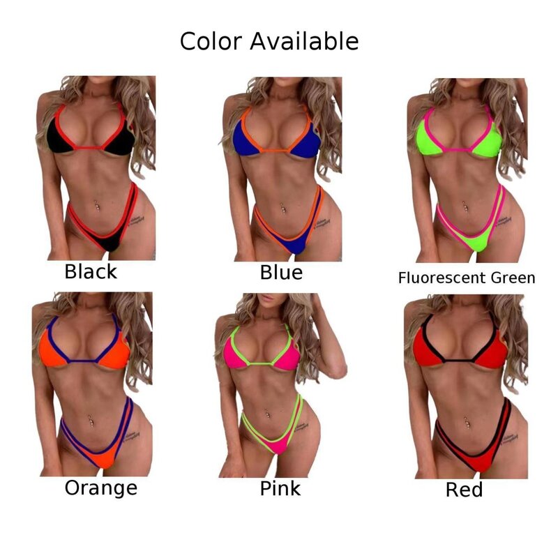 Women Sexy Bikini Set Low Waist V Thong Solid Color Slim No Pad Front Hasp Bathing Swimwear Summer Beach Wear Suit