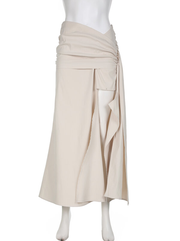 IAMSURE Casual Folds Split Straight Shirt Holiday Safari Style Mid-Waisted Maxi Skirts Women 2024 Autumn Spring Streetwear Lady