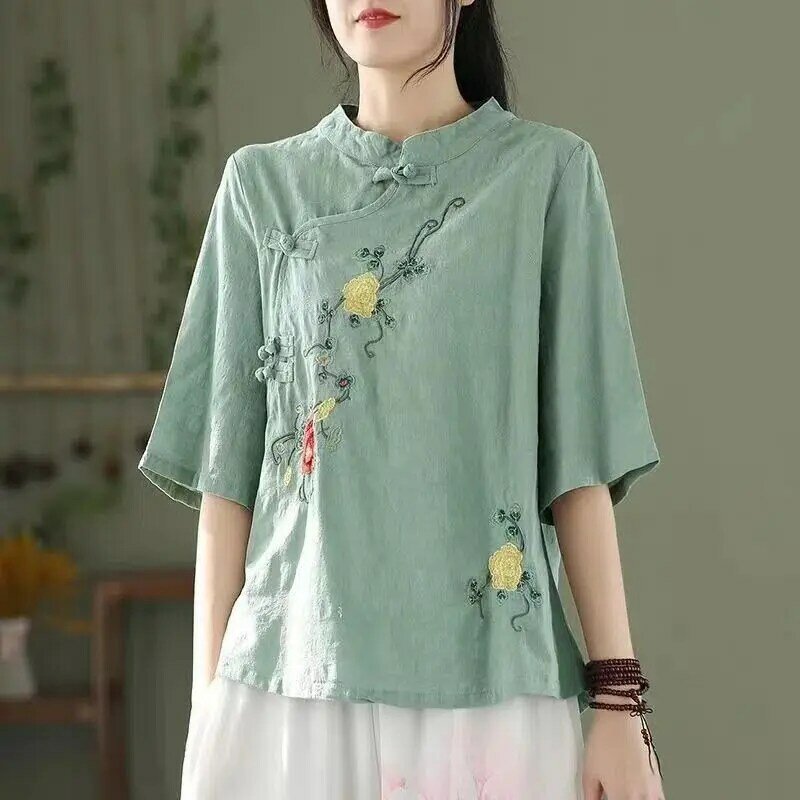 Vintage chinesischer Stil Sommer Baumwolle Hanf Frauen Stehkragen bestickt schräg öffnen Frosch ethnischen Stil lose halbe Ärmel Tops