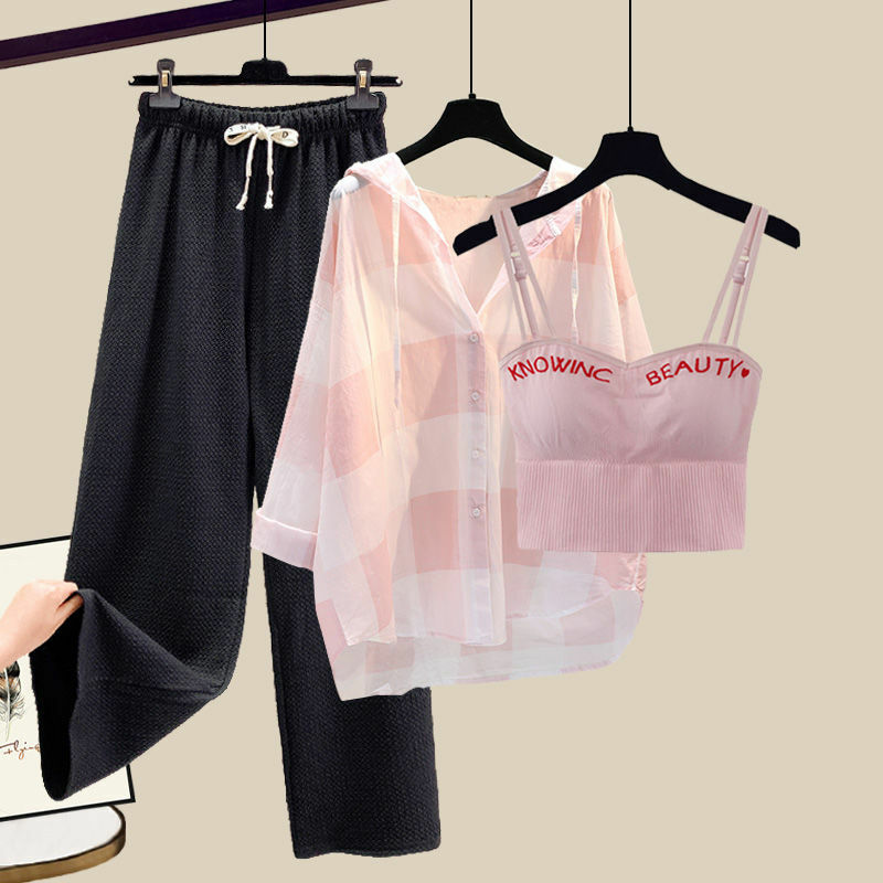 Camisa xadrez feminina de chiffon com suspensor rosa de perna larga, roupas esportivas elegantes de verão, conjunto de 3 peças