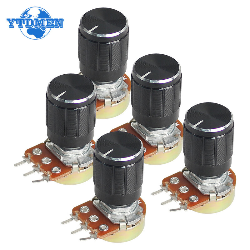 WH148 potensiometer putar lancip linier Resistor 15mm 3pin 1K 2K 5K 10K 20K 50K 100K 250K 1M dengan Kit tombol aluminium hitam