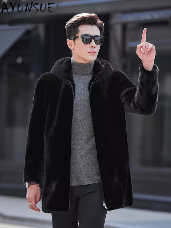 AYUNSUE-Casaco de pele vison natural masculino, jaqueta de inverno com capuz, casacos de pele preta de comprimento médio, streetwear luxuoso, 2023