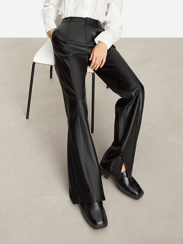 AMII minimalistyczne spodnie damskie ze skóry PU 2023 jesień nowa luźna długość prosta damskie spodnie z rozcięciem 12343250