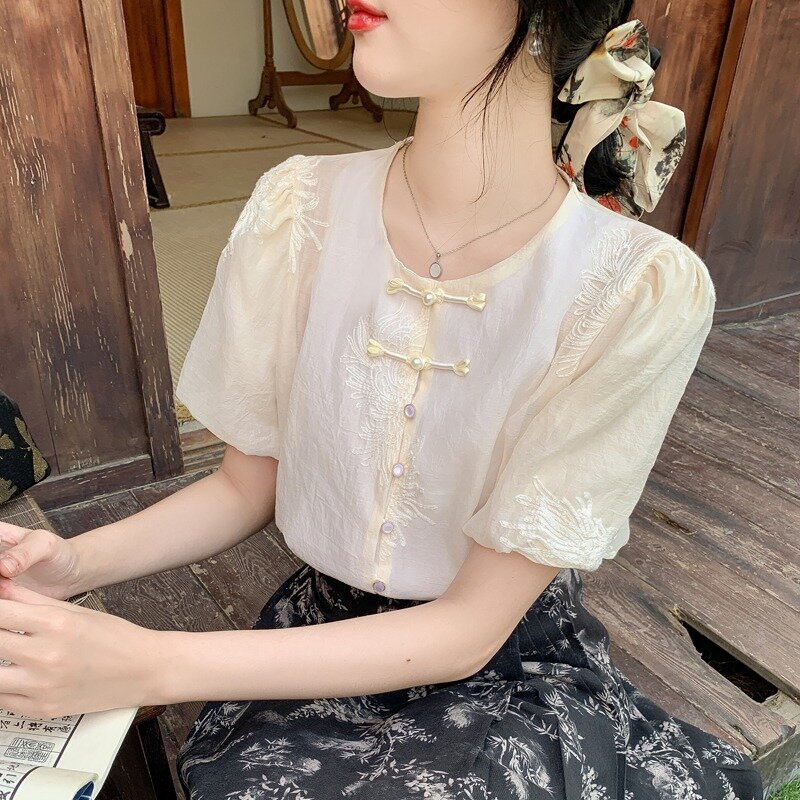 Camisa de flor bordada de botão estilo chinês feminino, top de manga curta, roupa feminina, retrô, high-end, verão, pequena, nova