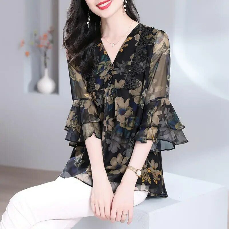 Koreaanse Gebroken Bloemen Shirt Dames Kleding Chique Kant Patchwork Elegante V-Hals Zomer Ruches Halve Mouw Casual Losse Blouse