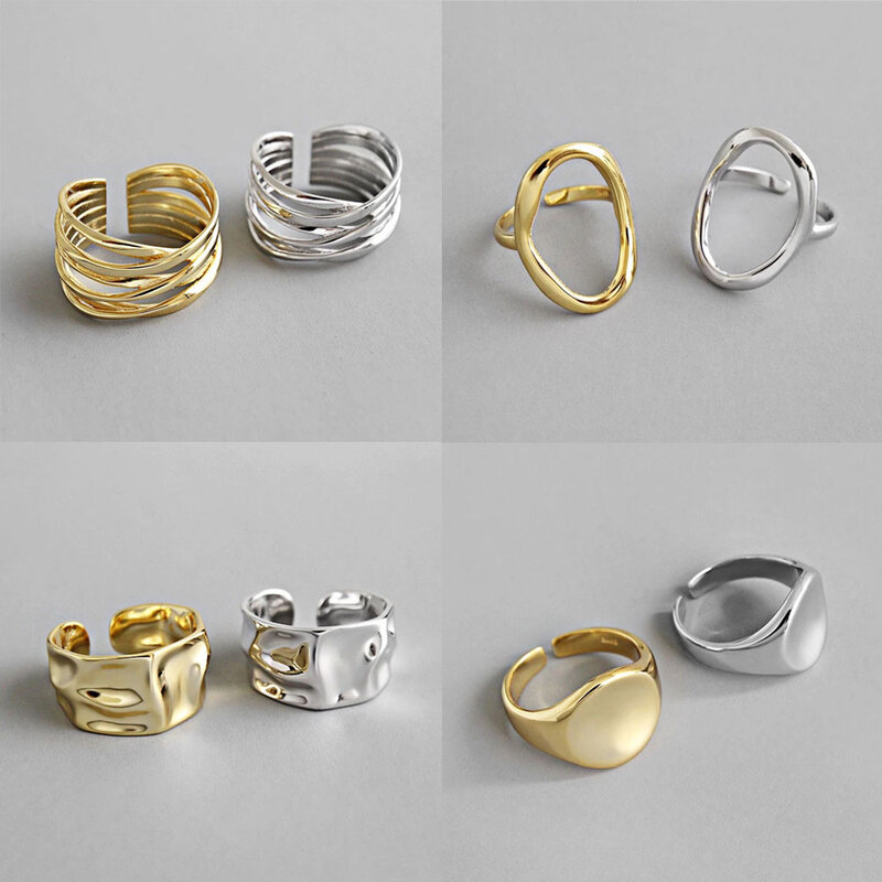 925แหวนเงินสเตอร์ลิงสำหรับผู้หญิงห่วงเปิดสีทองแบบกลวงแหวนแฟชั่นปรับขนาดได้ทันสมัย
