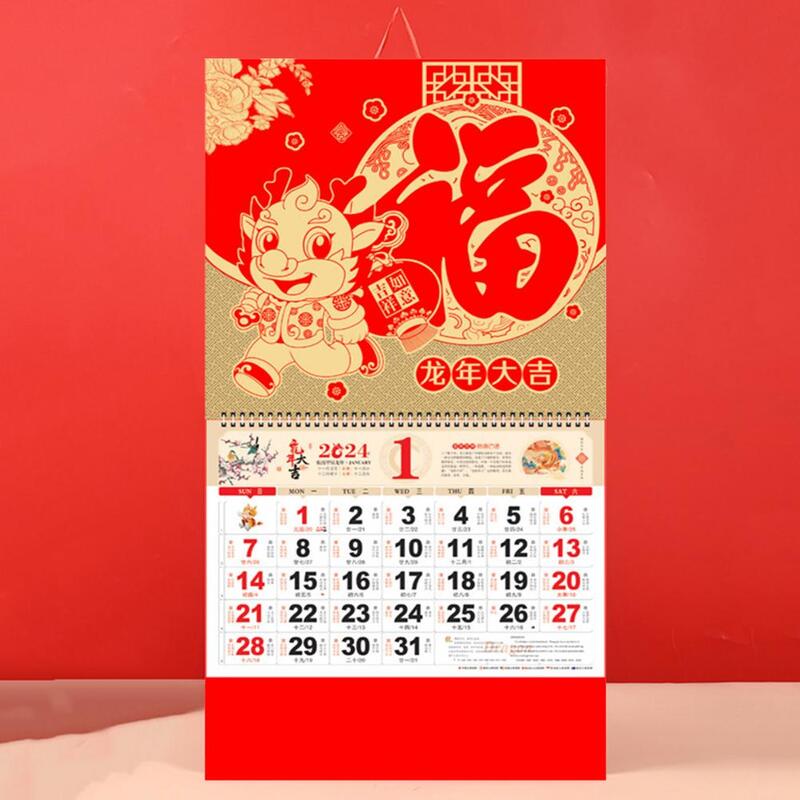 Calendário de parede chinês tradicional para casa, Ano do Dragão, Lunar Bobina Página Virando, Festival Ornamental, Ano Novo, 2024