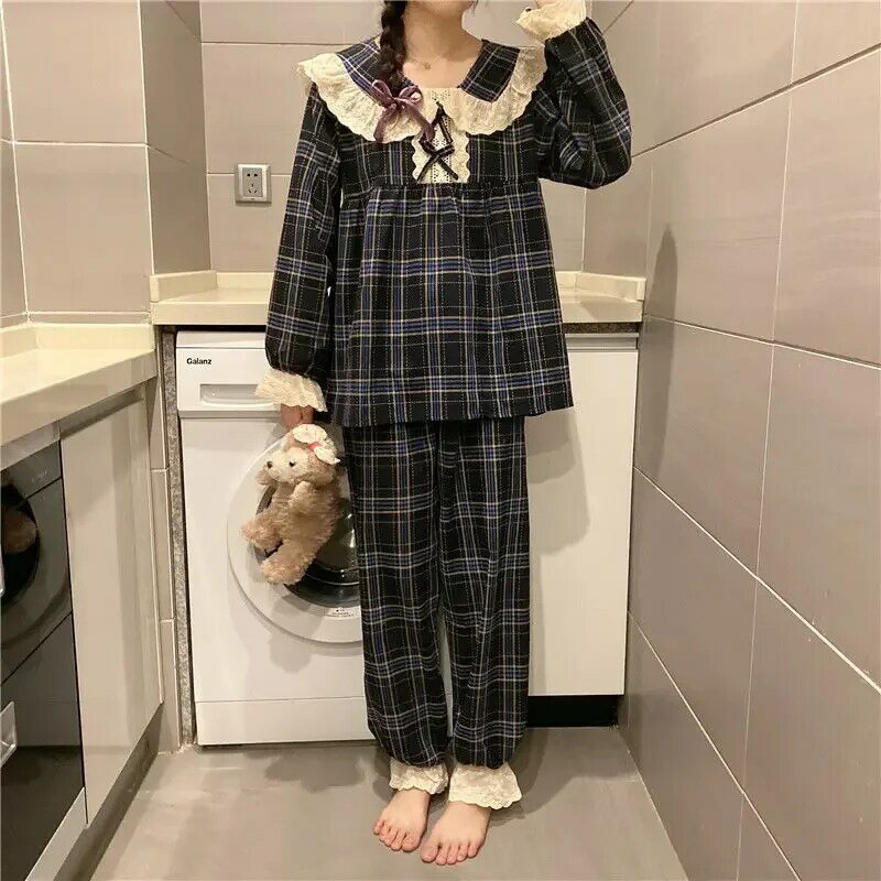 Spitze Nachtwäsche Frauen Pyjama Set für zu Hause Blumen Vintage Langarm Hosen Anzug 2 Stück Frühling Rüschen koreanischen O-Ausschnitt Nachtwäsche