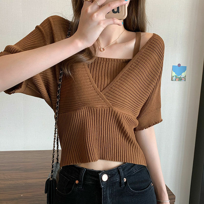 Yasuk Summer Fashion Solid Casual Vest Pullover Blouse Women's Fake Two Piece Suit Short Sleeve Slim Tees Top Simple Gentle Sexy
