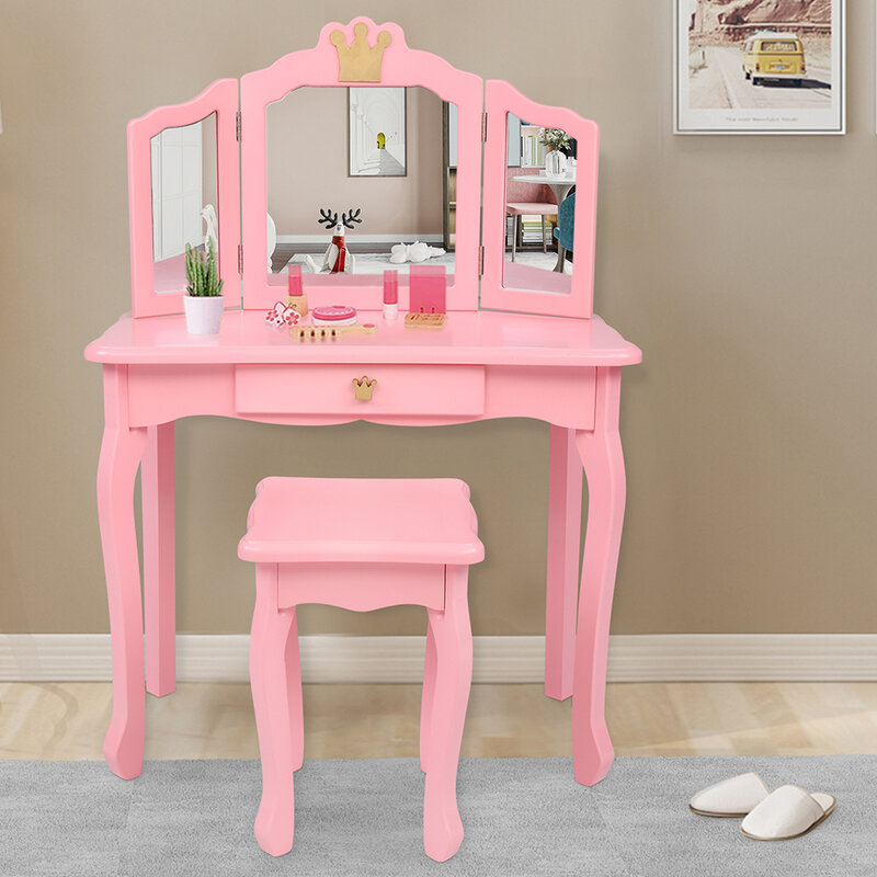 Children's Wooden Dresser W/Three-Sided Folding Mirror Dressing Table Chair Single Drawer Pink/White Crown Style[US-Stock]