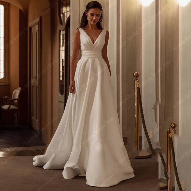 Proste, lśniące satynowe suknie ślubne z głębokim odkryciem w kształcie V na formalne przyjęcie 2024 nowe, bez rękawów, do mopowania podłóg Vestidos De Novia