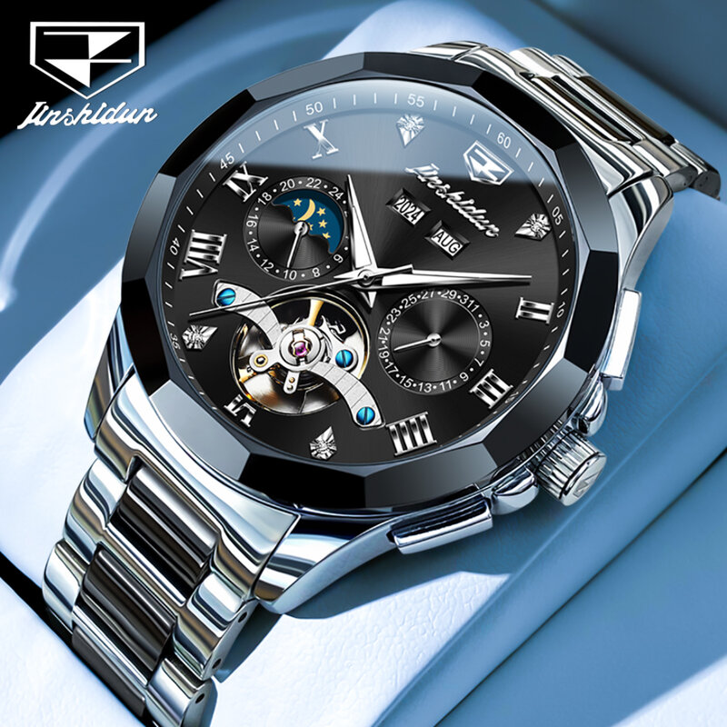 JSDUN-relógio de moda mecânica, pulseira de aço inoxidável, Round-Dial Week Display, luminoso pequeno segundo ano, 8949, presente
