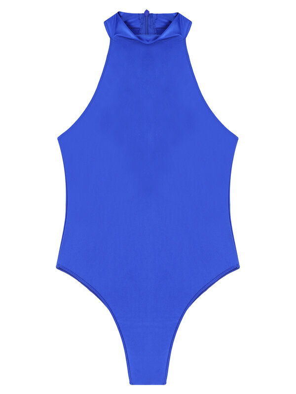 Womens One Piece Swimsuit Glossy Stretchy Bodysuit Mock Neck Back Zipper Leotard Swimwear Sport Fitness Bathing Suit Beachwear