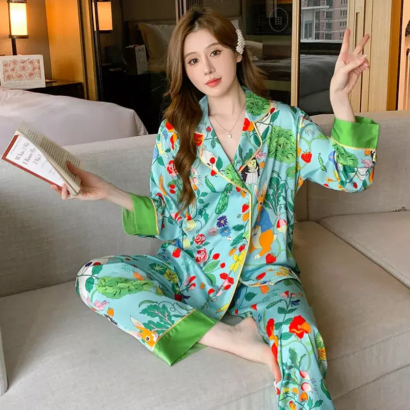 Pijama de seda gelo manga longa feminino, loungwear, sentido high-end, estilo Ins, lapela, moda primavera e verão, terno confortável em casa, novo