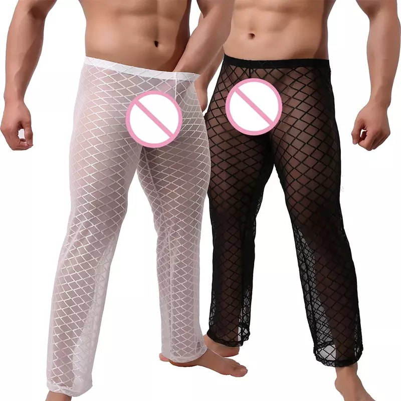 Roupa íntima masculina sexy de pijama, calças compridas, fundo de sono, calça doméstica, calça lounge masculina transparente