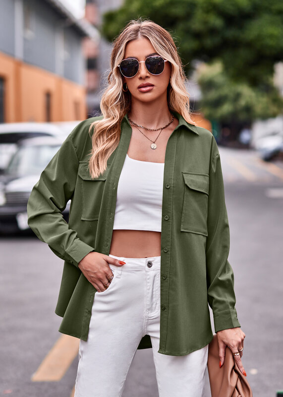 Women's Spring Autumn Plain Casual Loose Long-sleeved Shirt Coat 2023 Women's Casual Pocket Fashion Office Shirt Tops Chemise