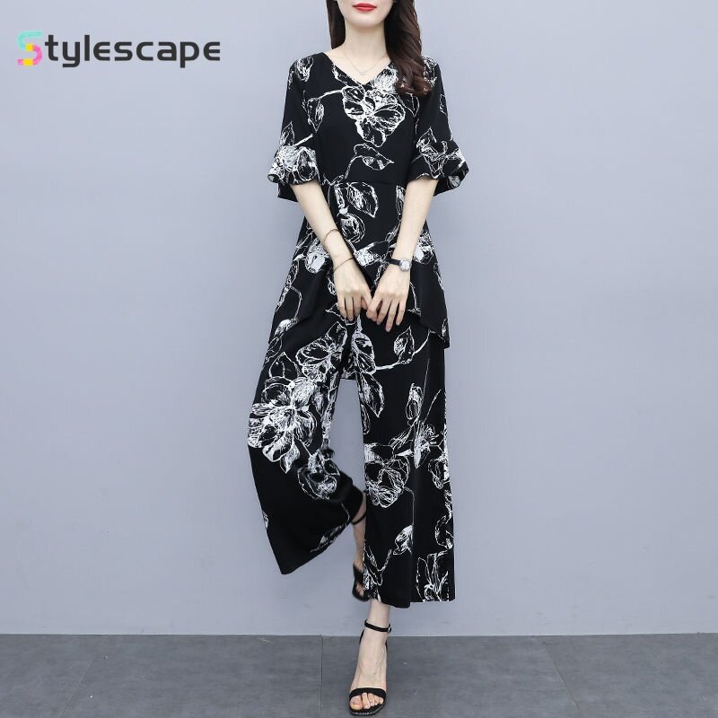 Fashionable Loose Fitting Meat Covered Chiffon Set Large-sized Women's Summer Age Reducing Wide Leg Pants Cool Two piece Set