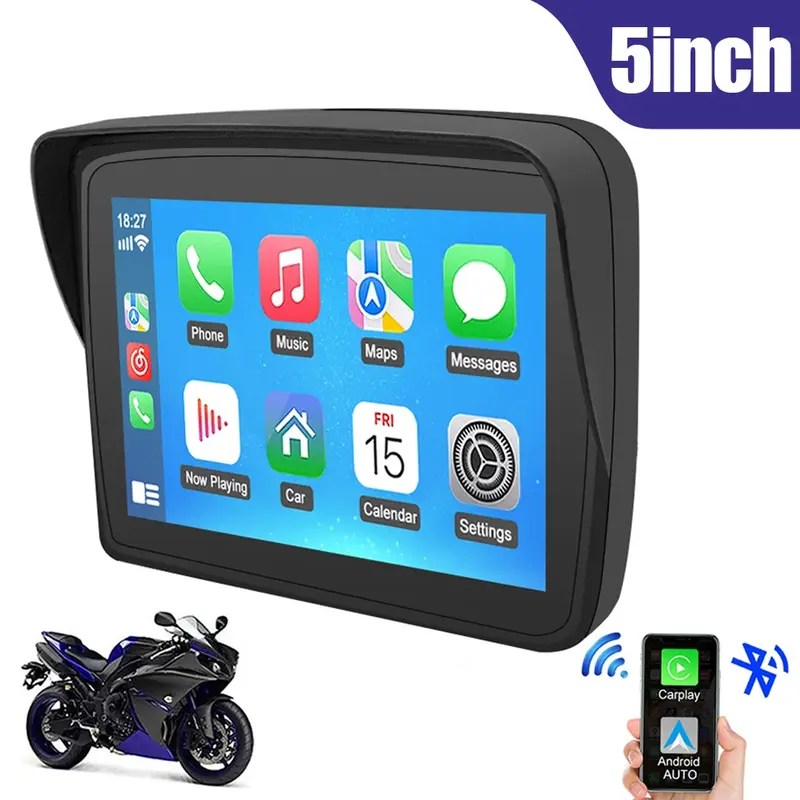 Pantalla LCD portátil de 5 pulgadas para motocicleta, Monitor impermeable IPX7 para Apple Carplay inalámbrico, Android, pantalla de juego para coche