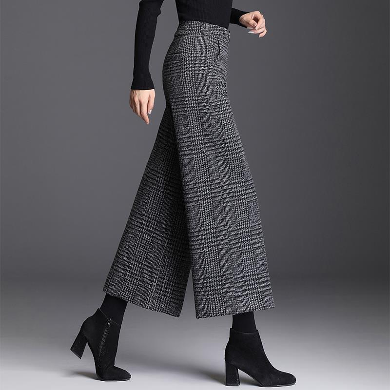Vintage paski wełniany szerokie spodnie nogi kobiety na co dzień oversize wysoki stan pantalony jesień zima elastyczne luźne spodnie Plus Size